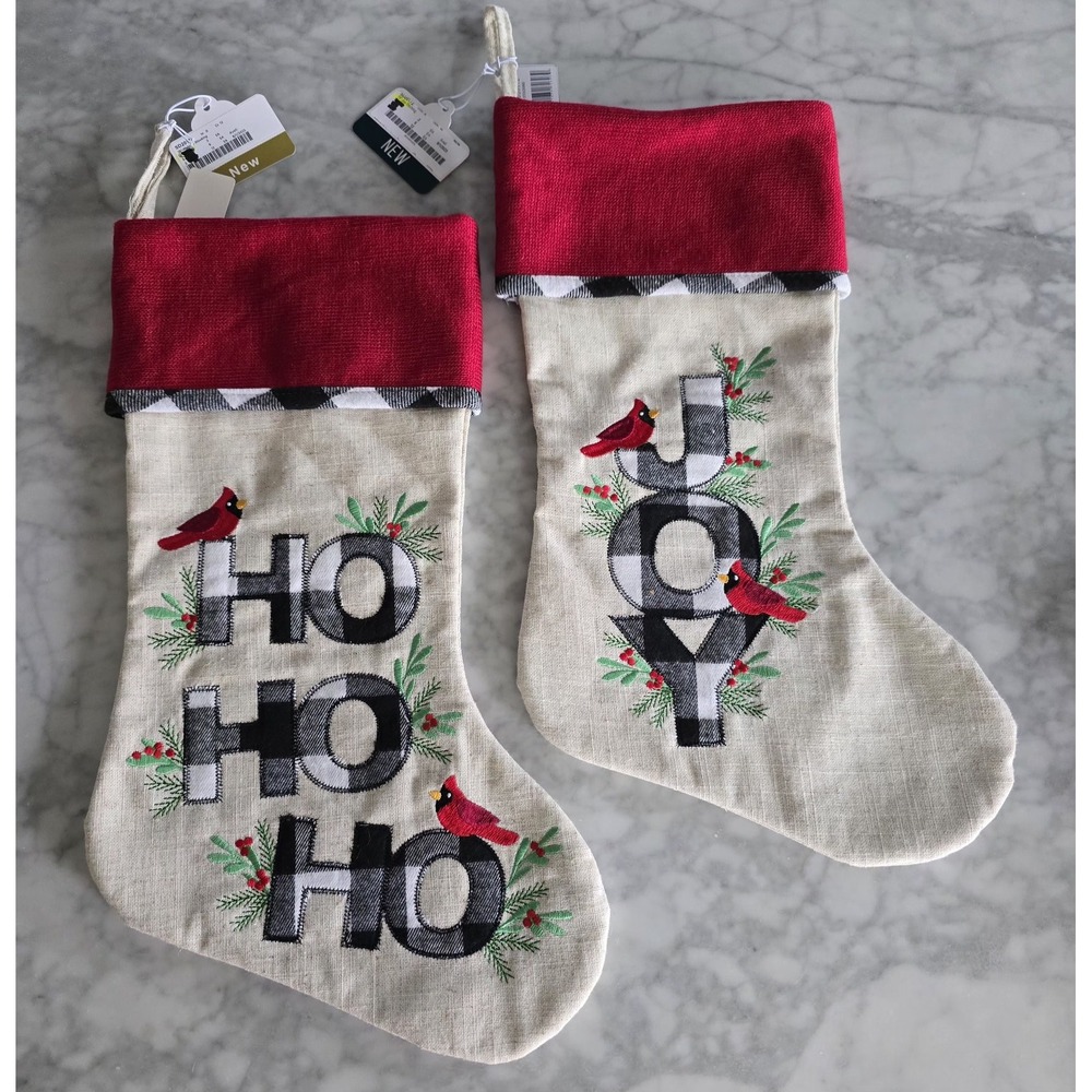 Christmas Stockings‎ Embroidered Ho Ho Ho Joy Cardinals Set Of Two New With Tags
